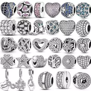 S925 Сверкающее Серебро Сверкающее Паве Круглые Инкрустированные CZ Циркон Шарм Бусины Подходит Оригинальный Ожерелье Браслет Серебро S925 Женский
