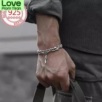S925vintage тайский серебряный мужской браслет-манжета ювелирные изделия, пятиконечная звезда крест узор персонализированные женские браслеты для пар ювелирные изделия