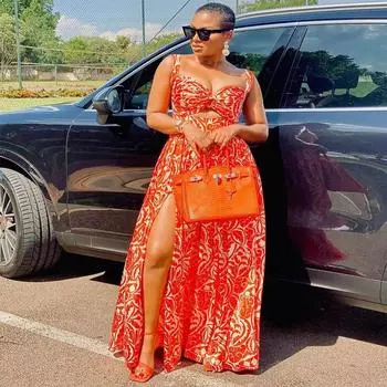 S9307 2025 Лето Новое Женское Модное Сексуальное Платье Подтяжки Печатный Разрез Платье S оранжевый