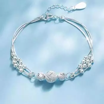 S990 Sterling Silver Triple-Layer Blessing Bead Bracelet for Women, Elegant Chinese Style Jewelry foot silver