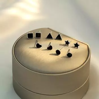 S999 Чистое серебро, черные персонализированные геометрические мини-гвоздики для ушей, базовые мужские и женские квадратные, круглые, треугольные, в форме косточки для ушей