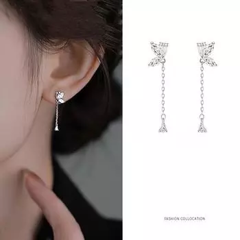 S999 Чистое серебро, французские ретро-капельные серьги с кисточками-бабочками, длинные серьги-капли, лесной стиль, супер фея, модные модные аксессуары для ушей белый
