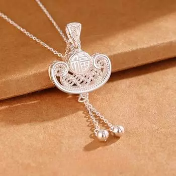 S999 Чистый Серебряный Слиток Замок Цветок Кисточка Подвеска Винтажный Подвеска Fu Character Замок из стерлингового серебра