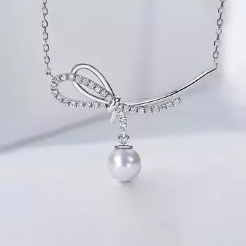 S999 Чистый Серебряный Жемчужный Кулон Бант Ключичная Цепочка Ниш Дизайн Элегантное Ожерелье