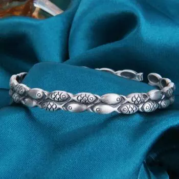 S999 Foot Silver Open Маленькая толстая рыбка Двухслойный годовой браслет излишка Двойная рыба Матовый матовый матовый браслет с зернистостью Adjustable size