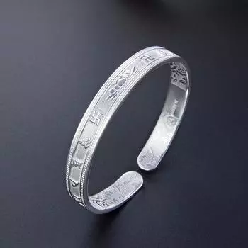 S999 Foot Silver Шесть символов Мантра Браслет для женщин Этнический стиль Ретро Браслет Лотос с открытым серебряным браслетом Adjustable size