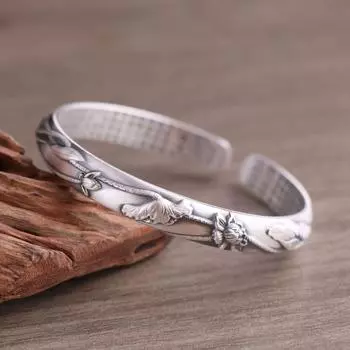 S999 Нога Серебряный Лотос Сердце Сутра Браслет Персонализированный Ретро Простой Браслет Женский Регулируемый Открытие Adjustable size