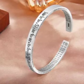 S999 Полностью серебряный браслет из чистого серебра с шестью символами True Word Heart Sutra и регулируемым ретро-этническим стилем для женщин Adjustable size