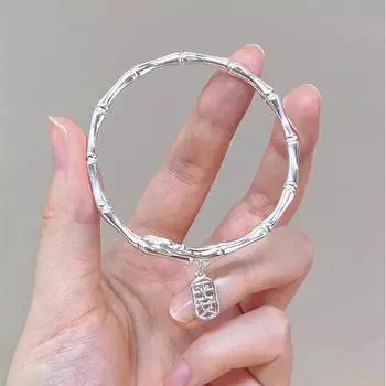 S999 Полный Серебряный Бамбуковый Браслет Лотоса Новый Китайский Подвесной Ярлык Безопасности Молодежная Секция Высотный Браслет Из Чистого Серебра Открытие Adjustable size