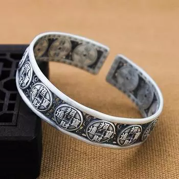 S999 Полный серебряный браслет Ретро женский браслет из чистого серебра ручной работы с медной монетой в древнем стиле, ностальгия по медной монете Adjustable size