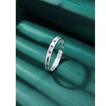 S999 Полный Серебряный Лотос Резной Браслет Из Чистого Серебра Женский Этнический Стиль Ретро Стиль Широкое Лицо Однотонный Материнский Серебряный Браслет Adjustable size