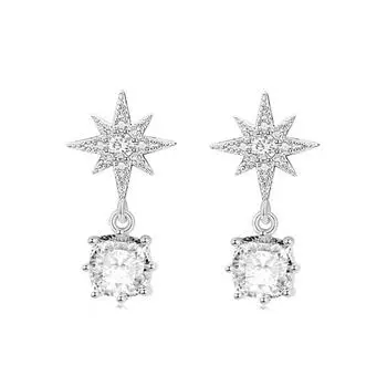 S999 Pure Silver Eight Awn Star Square Sugar Zircon Ear Studs Niche Design Earrings Simple Temperamental Minority Sense Ear-Caring Female