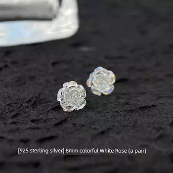 S999 Sterling Silver Camellia Stud Earrings 2024 New Arrival Best Selling Ear Bone Stud Accessible Luxury Fancy Elegant Generous Earrings Women [925 Silver] 8mm White Rose Pair