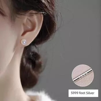 S999 Sterling Silver Earrings Pearl Ear Studs Ear Clip Female New Arrival Accessible Luxury Fancy Shijia Fever Same Anti-Allergy A pair of 8mm mermaid earrings 999 silver needles