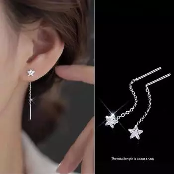 S999 Sterling Silver Fancy Zircon Tassel Stud Earrings Pentagram 4.5cm(999 Sterling Silver)