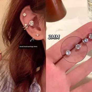 S999 Sterling Silver Stud Earrings Six-Piece Set Female Fancy Zircon Full body S999 silver 3mm pair