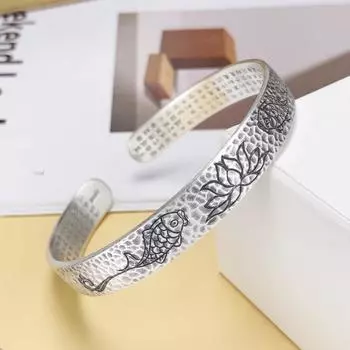 S999 Стерлингового Серебра ручной работы с узором Молоток Сердце Сутра Браслет Ретро Этнический Стиль Браслет Лотос Рыба Нога Серебряный Браслет