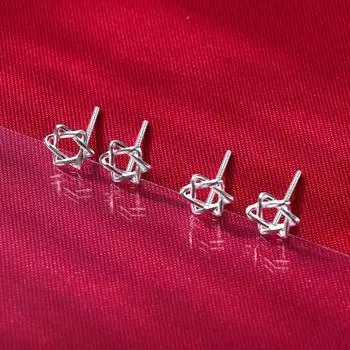 S999 Stud Earrings Female Sleep No Need to Take off Anti-Blocking Pure Silver 999 Sterling Silver Hexagram 2 Pair