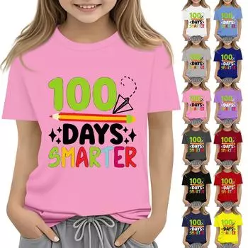 С 100-м Днем Школы Футболки с коротким рукавом для девочек и мальчиков Детские топы Футболки с круглым вырезом 120 чёрный