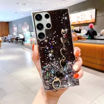 S 21 22 Блестящий чехол с цепочкой на запястье Love Heart для Samsung Galaxy S21 S20 S23 Fe S22 S24 Ultra Plus, силиконовый чехол для браслета Note 20 S23