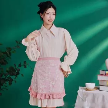 с 2 карманами кружевной вышитый полуфартук элегантный полуфартук с оборками кухонный полуфартук синий