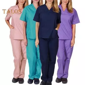 (S-2XL) Комплект брюк для медсестер, однотонный, эластичный, унисекс, с V-образным вырезом, карманами, быстросохнущая униформа, комплекты одежды для работы 2XL озеро синий