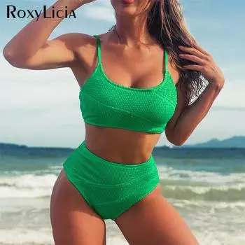 S-2XL морщинистое бикини с высокой талией женский купальник женский купальник из двух частей комплект бикини купальный костюм для плавания S зелёный