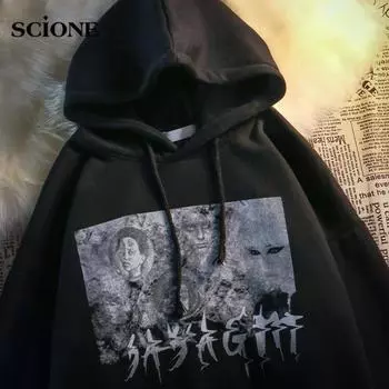 S~3XL Harajuku Gothic Hoodies Women Men Black Sweatwear Top Street Hip-hop Dark Black Hooded Sweater Women Thin Loose Long Sleeved Top S чёрный