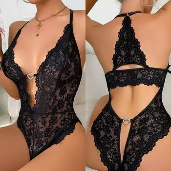 S-3XL Женское модное сексуальное женское белье с глубоким V-образным вырезом и открытой промежностью, кружевная сексуальная пижама XXXL