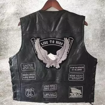 S-4XL из натуральной овечьей кожи, жилет в стиле панк, байкерский жилет для скрытого ношения с нашивками, мотоциклетные куртки, мужской повседневный жилет, рубашка без рукавов