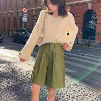 S-4XL модные шорты из искусственной кожи, женские весенне-осенние бермуды с эластичной резинкой на талии, свободные кожаные брючные шорты с пятью точками S хаки