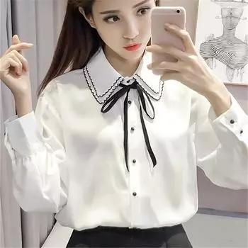 S-4XL модные женские элегантные галстуки-бабочки белые блузки с шифоновым воротником повседневная рубашка офисная женская блузка летние блузки для женщин S чёрный