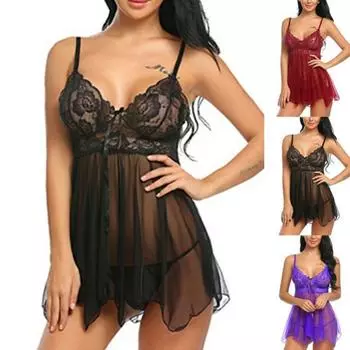 S-4XL сексуальное женское кружевное нижнее белье Babydoll, ночная рубашка, прозрачная одежда для сна, ночная рубашка, мини-платье XXXXL чёрный