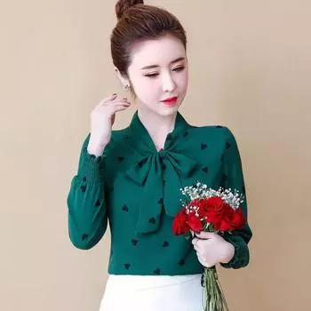 S-4XL шифоновая блузка, женский топ с длинными рукавами, новый весенне-осенний корейский свободный крой, модная нижняя рубашка с принтом S розовый