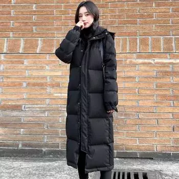 S-4XL Женская супер длинная черная толстая свободная куртка большого размера для пар до колена до щиколотки S чёрный