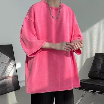 S-5XL 240gsm Хлопковая ретро футболка с заниженными плечами для мужчин и женщин, винтажные футболки с короткими рукавами, однотонные свободные футболки в стиле хип-хоп S чёрный