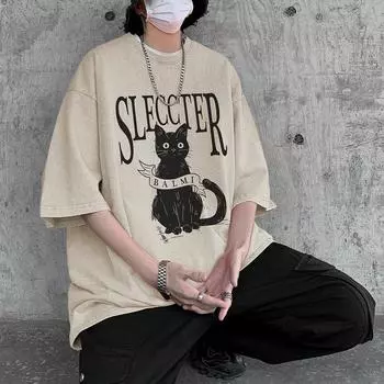 S-5XL, 280 г/м2, 100% хлопок, винтажная футболка с кислотной стиркой, уличная одежда, короткие топы в стиле панк, футболки S чёрный