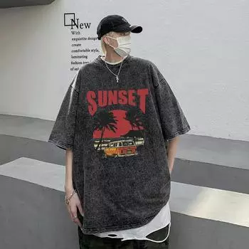 S-5XL, 280 г/м2, 100% хлопок, винтажная футболка с кислотной стиркой, уличная одежда, короткие топы в стиле панк, футболки S чёрный