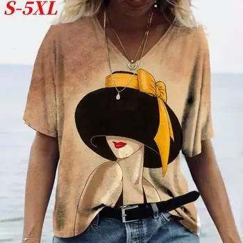 S-5XL Большие размеры Топы с принтом Женская футболка Сексуальный V-образный вырез Короткий рукав Летние женские топы Одежда Уличная мода Женские пуловеры S
