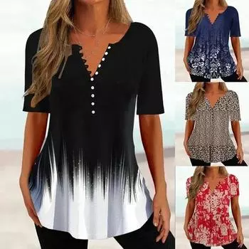 S-5XL большой женский летний модный повседневный сексуальный топ с v-образным вырезом и пуговицами с градиентным принтом, свободный топ с короткими рукавами S чёрный