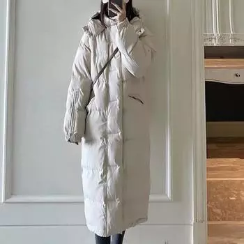 S-5XL Длинная куртка-пуховик Женская однотонная парка с длинным рукавом с капюшоном Повседневная оверсайз Корейская мода Пуховик 2021 Зимний уличный дизайн L чёрный