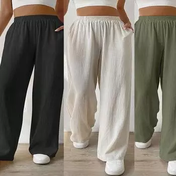 (S~5XL) Летние женские повседневные однотонные широкие прямые длинные брюки эластичные длинные брюки с высокой талией и карманами дышащие легкие мягкие удобные брюки большого размера S чёрный