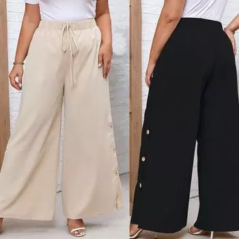 (S~5XL) Летние женские повседневные однотонные широкие длинные брюки с завязками на эластичной резинке с высокой талией на пуговицах и подол длинные брюки с разрезом дышащие легкие мягкие брюки большого размера S абрикосовый