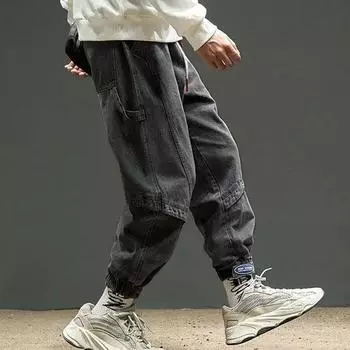 S-5XL мужские весенне-осенние комбинезоны больших размеров, длинные джинсы, потертые свободные строчки, однотонные универсальные леггинсы, укороченные брюки S синий