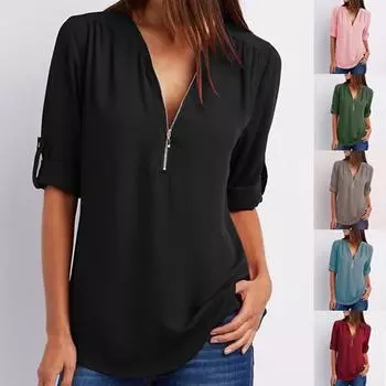 S~5XL плюс размер женская модная шифоновая рубашка с v-образным вырезом и длинными рукавами, свободные топы, футболка на молнии 3XL армия зеленый