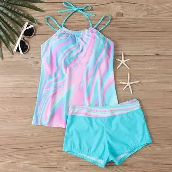 S-5XL Plus Size Цветной принт Танкини Комплект для женщин Высокая талия Push Up Купальник Винтажный вырез Повседневный купальный костюм Купальники S чёрный