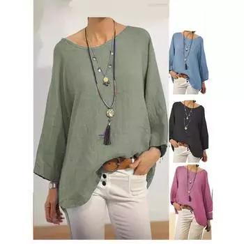 (S~5XL) Твердый свободный длинный рукав для женщин, летний базовый простой повседневный пуловер с круглым вырезом, дышащий легкий удобный топ с длинным рукавом для работы и отдыха S чёрный