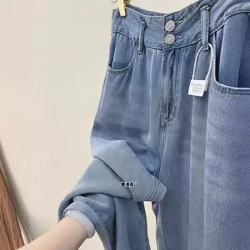 S-5XL Женские мягкие джинсовые брюки сине-белого цвета с высокой талией и двумя пуговицами Свободные прямые джинсы Весна-Лето Широкие брюки с широкими штанинами 5XL синий