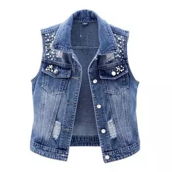 S-5XL женский джинсовый жилет без рукавов с бисером, топы без рукавов, укороченный кардиган, уличная одежда, корейская мода, весенне-осеннее тонкое пальто, высокое качество 5XL синий