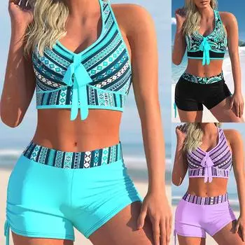 S-5XL Женский купальник с высокой талией и принтом, купальный костюм из двух частей, пляжная одежда, бикини большого размера S